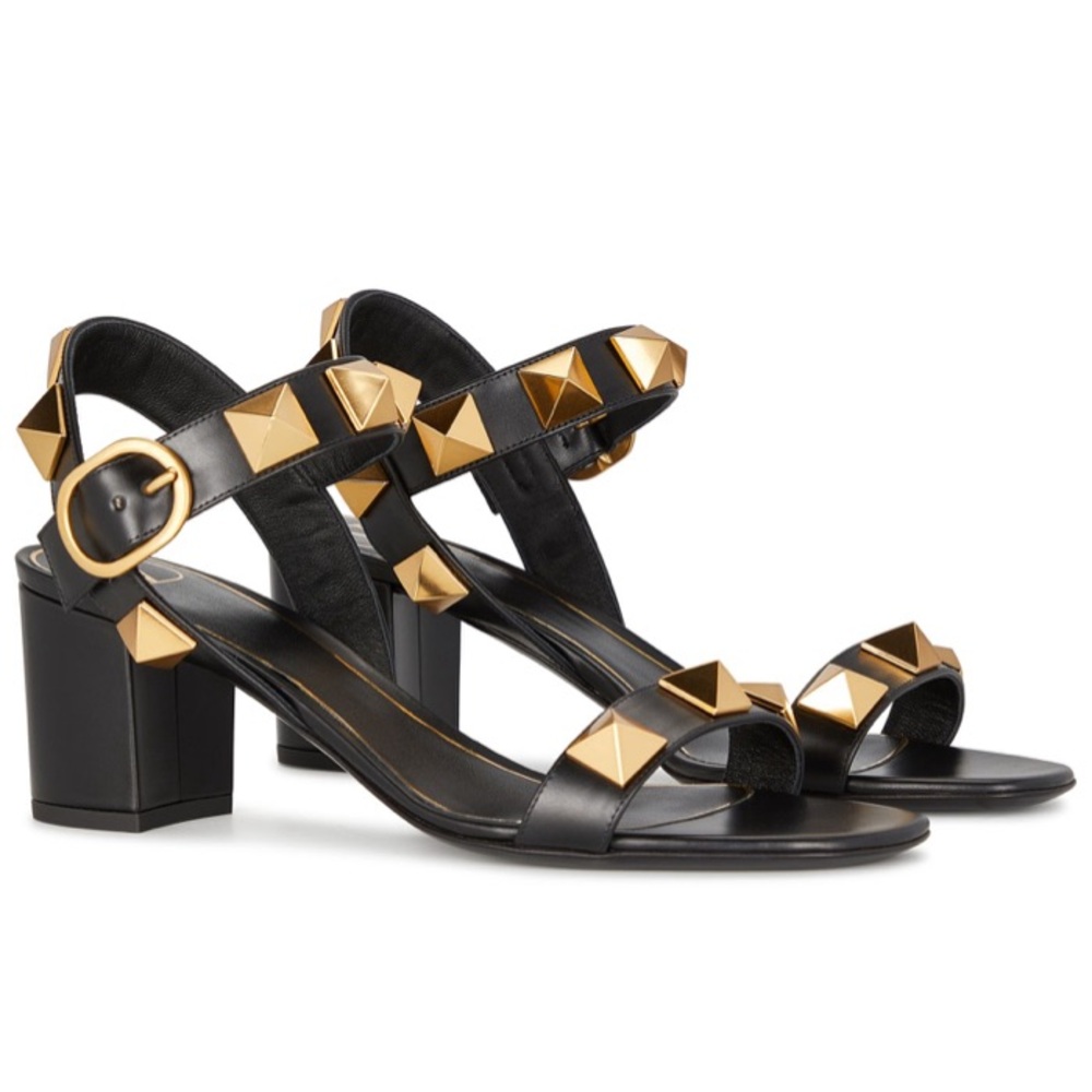 Valentino Garavani Roman Stud Calfskin Leather Sandals 60MM Black Gold 41